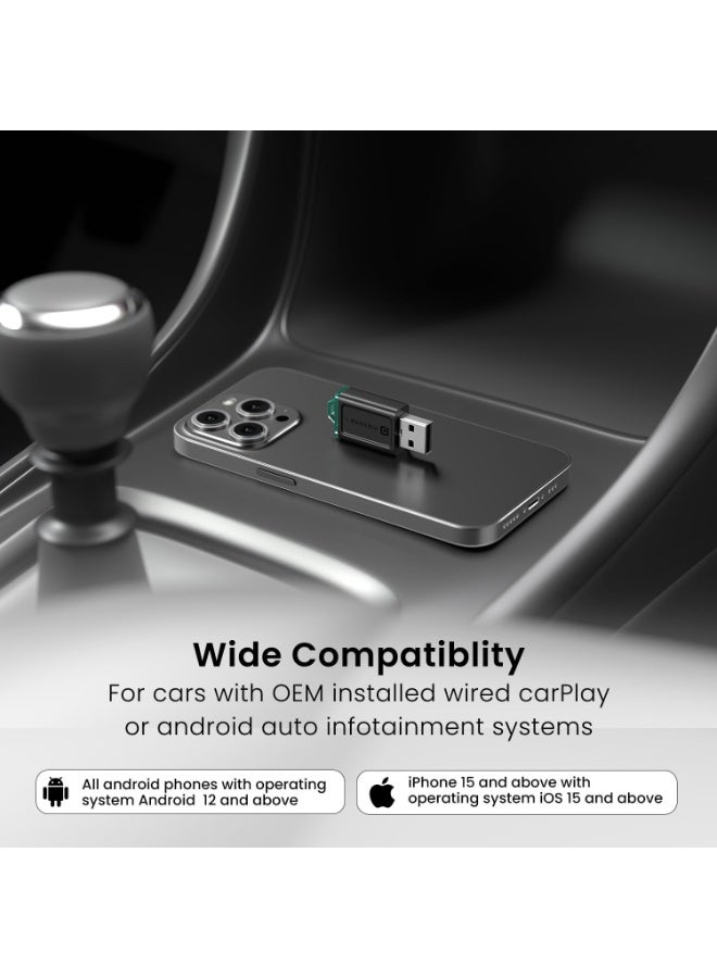 بورترونيكس Portronics Tune Lite, Mini 2-in-1 Wireless CarPlay/Android Auto Receiver, Converts Wired to Wireless, Plug & Play, Only for Cars with OEM Installed Wired Android Auto/CarPlay, Android 12+ & iOS 15+ - Image 2